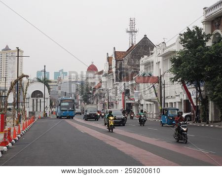 Jakarta, Indonesia - August 7, 2018: Traffic On Jalan Kali Besar In Kota Tua.