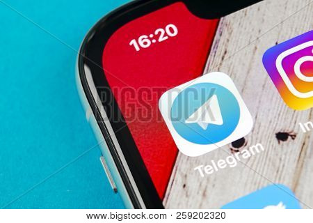 Sankt-petersburg, Russia, September 19, 2018: Telegram Application Icon On Apple Iphone X Screen Clo