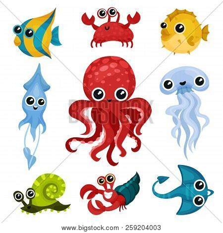 Flat Vector Set Of Different Ocean Animals. Marine Creatures With Shiny Eyes. Fish, Octopus, Sea Sna