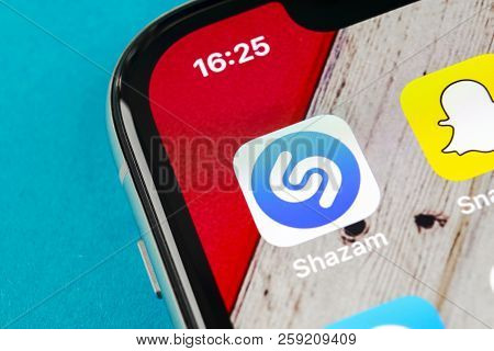 Sankt-petersburg, Russia, September 19, 2018: Shazam Application Icon On Apple Iphone X Screen Close