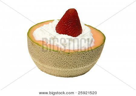 cantalope a cottage sýr s jahody na oběd