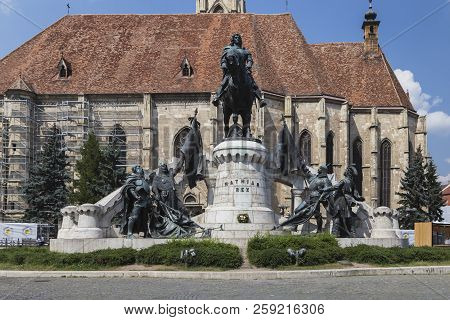 Cluj-napoca, Transylvania, Romania - August 21, 2018:  The Famous Mathias Rex Statue  On August 21, 