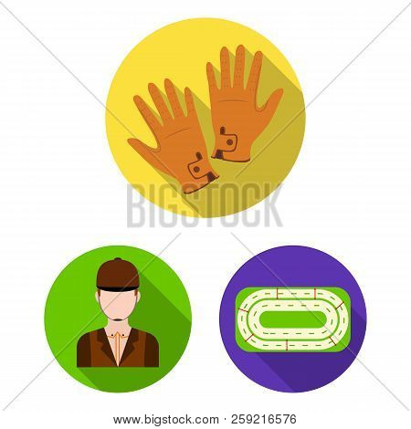 Hippodrome And Horse Flat Icons In Set Collection For Design. Horse Racing And Equipment Vector Symb