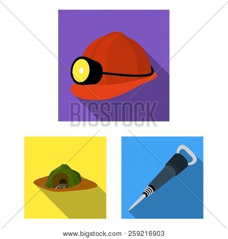 Mining Industry Flat Icons In Set Collection For Design. Equipment And Tools Vector Symbol Stock Web