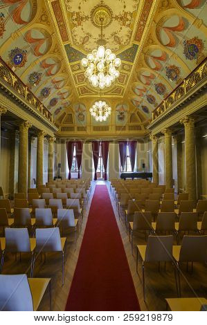 Kosice, Slovakia - August 12, 2018: Assembly Hall, The So-called Historic Hall, With Illusive Arcade