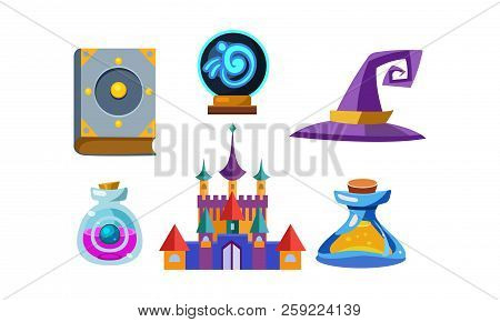 Flat Vector Set Of Fabulous Items For Mobile Game. Book Of Spells, Magic Ball, Wizard Hat, Bottles W