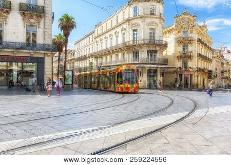 Montpellier, France - June 17, 2018: City Public Transport. Beautiful Multi-colored Tramway.  The Mo