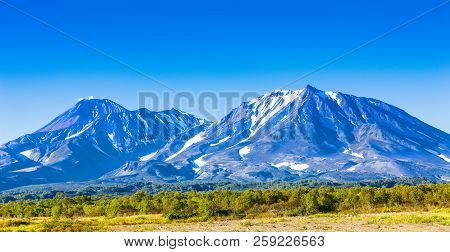 Panorama Of Kamchatka Volcanoes: Avachinsky And Kozelsky Volcanoes In Kamchatka In The Autumn With A