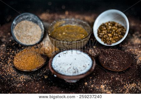 Close Up Of Face Pack Of Mung Bean Or Green Gram On Wooden Surface With Sandalwood Powder,milk,green