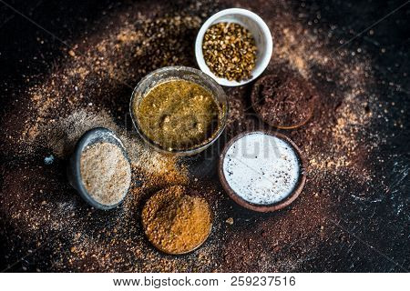 Close Up Of Face Pack Of Mung Bean Or Green Gram On Wooden Surface With Sandalwood Powder,milk,green