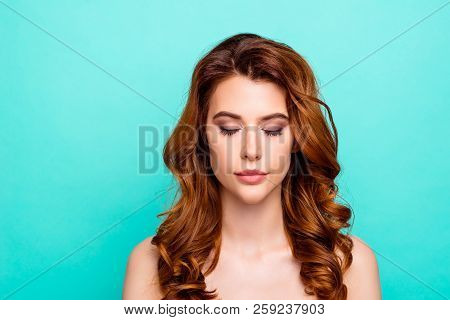 Advertising Concept. Portrait Of Dreamy, Charming, Lovely, Cute, Sweet, Gorgeous Woman With Close Ey