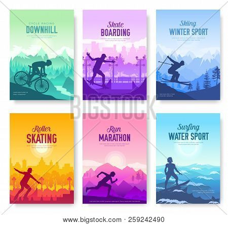Colorful Covers With Various Sports Rest Day Vector Brochure Cards Set. Extreme On Nature Template O