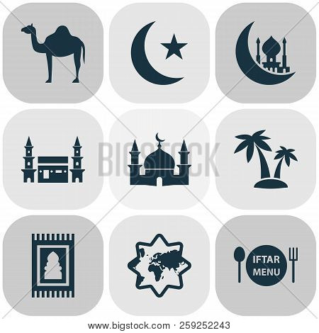 Ramadan Icons Set With Camel, Palms, Mecca And Other Building Elements. Isolated  Illustration Ramad