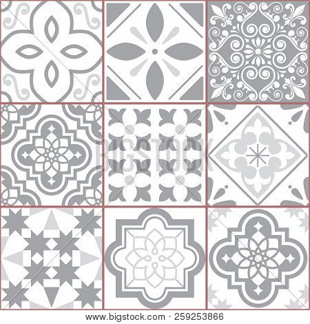 Vector Tiles Design, Azulejo Seamless Pattern, Abstract And Floral Decoration Inspired By Trandition
