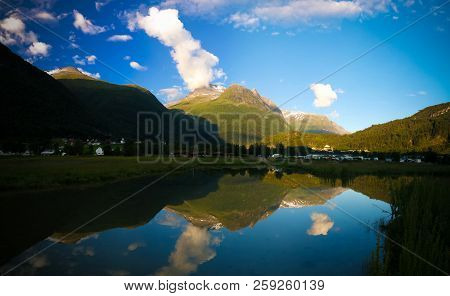 Sunset Over Innvikfjorden And Loen Village At Stryn, Norway