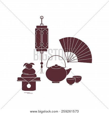 Eastern New Year Symbols. Chinese Lantern, Kettle With Two Cups, Fan, Kagami Mochi. Festive Traditio