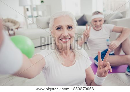 Self-portrait Of Two Adorable Cheerful Healthy Nice Stylish Sportive Trendy Old Married People, Spou