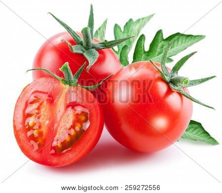 Two cherry tomatoes and a half of tomato isolated on white background.