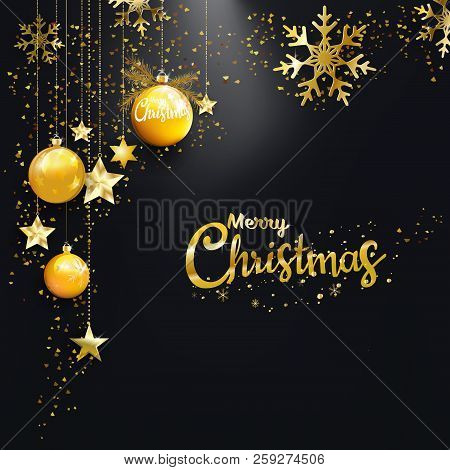 Merry Christmas And Happy New Year, Golden Christmas Balls, Star With Diamond Dust Shiny On Black Ba