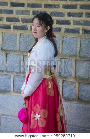 Seoul - May 10 : Korean Woman Wearing Hanbok Dress In Seoul Korea On May 10 2018. Hanbok Is A Korean