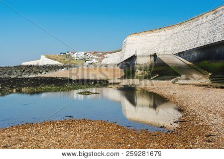Undercliff Coast Walk In Saltdean, East Sussex, View Of The Sea In Low Tide, Selective Focus