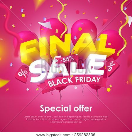 Sale Banner Template Design. Final Sale Special Offer. Seasonal Discounts. 3d Letters And Red Balloo
