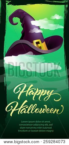 Happy Halloween Lettering. Witch Hat In Clouds On Green Background. Halloween Night Background. Vect