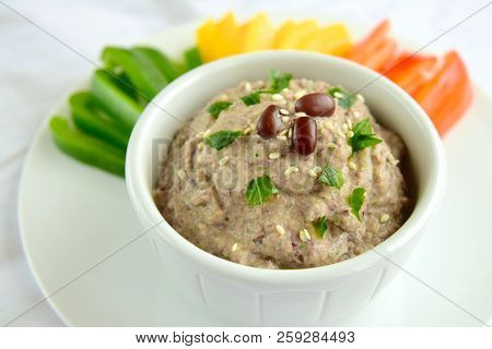 Adzuki Bean Sesame Dip With Bell Pepper Sticks On White Background, Selective Focus