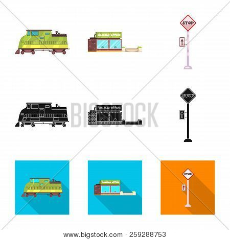 Vector Illustration Of Train And Station Sign. Collection Of Train And Ticket Stock Vector Illustrat