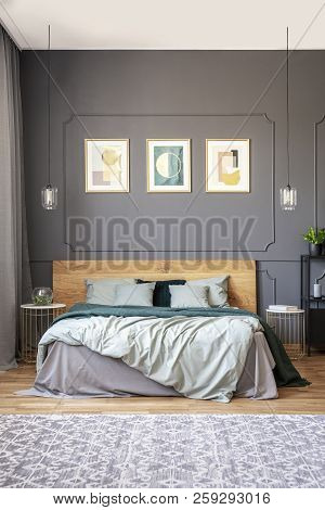 Posters On Grey Wall With Molding Above Wooden Bed In Modern Bedroom Interior. Real Photo