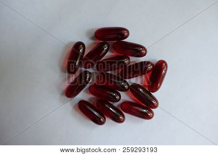 Top View Of Red Capsules Of Krill Oil