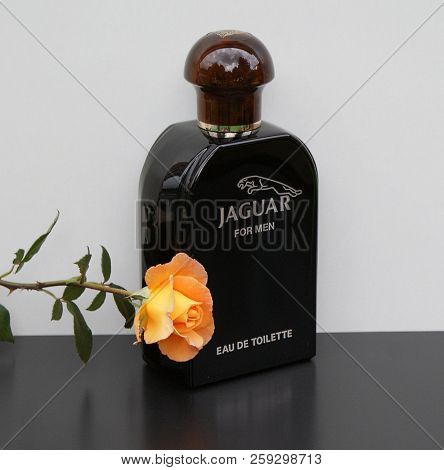 Jaguarfor Men, Eau De Toilette, Large Perfume Bottle Decorated With An English Rose
Kassel, Germany,