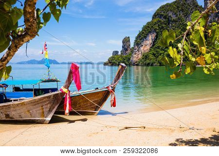 Longtail Boats Moored At Aonang Beach In Thailand