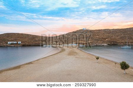 Beautiful Beach Of Kolona Double Bay Kythnos Island, Cyclades, Greece At The End Of The Day.