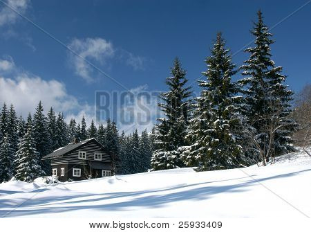 Verschneite Ski Resort Haus im verschneiten firry Wald in den tschechischen Bergen