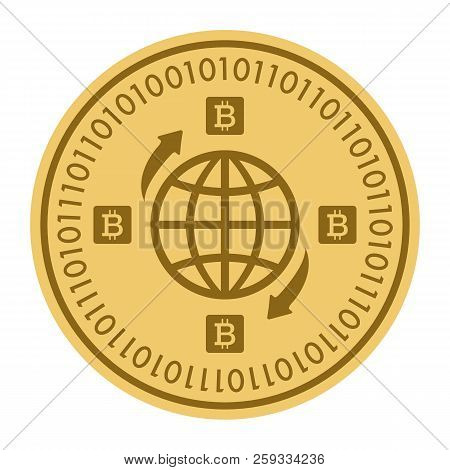 Golden Coin With Globe Sign. Money And Finance Symbol Cryptocurrency. Vector Illustration Isolated O