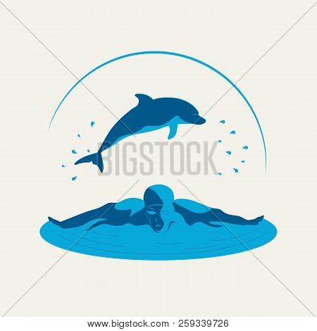 A Sport Style Logo, With A Vector Image Of A Swimmer And Dolphin On A White Background. The Emblem I