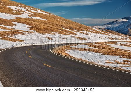 Trail Ridge Road, the highest (12,183 feet) continuous highway in the USA in high alpine tundra with rocks and mountains at autumn. Rocky Mountain National Park in Colorado, USA. 