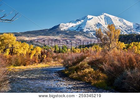 Mount Sopris autumn landscape in Colorado Rocky Mountains, USA. 
