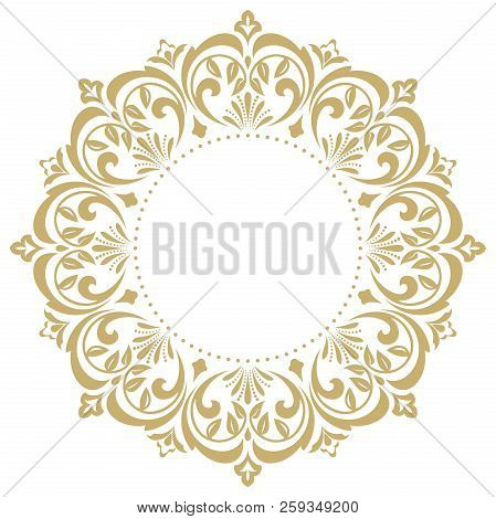 Vintage Round Frame In Retro Style, Barroco. Flower Decorative Gold Ornament, Element For Greeting C