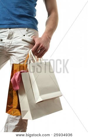 Junge sexy muscular Man mit Kopie Raum Shopping Bags isolated on white