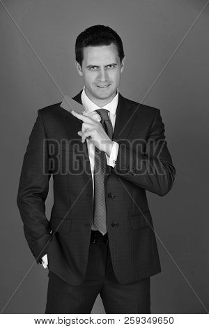 Manager, Successful Man Or Handsome Businessman Smiling With Business Or Bank Card In Stylish Formal