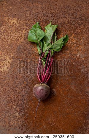 Raw Beetroots From New Harvest In The Center Of Rusty Melallic Surface Background Emty Space