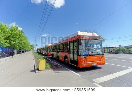 Nizhny Novgorod, Russia. - June 21.2018. Parking Of Bus Shuttles For Delivery Of Fans To The Footbal
