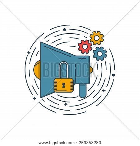 Vector Business Illustration Of Blue Megaphone Icon And Lock Icon In Linear Style. Graphic Design Co