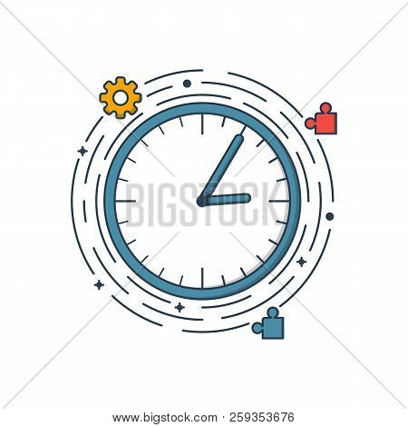 Vector Business Illustration Of Blue Colors Clock, Engineering And A Mosaic In Filled Line Style. Gr