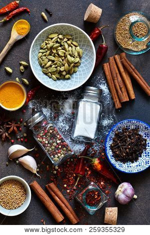 Mix Of Asian Spices: Chili, Ginger, Garlic, Cardamom, Cinnamon. A Set Of Spices For Cooking.