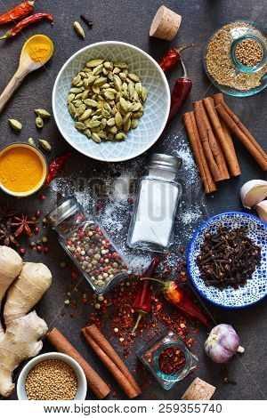Mix Of Asian Spices: Chili, Ginger, Garlic, Cardamom, Cinnamon. A Set Of Spices For Cooking.