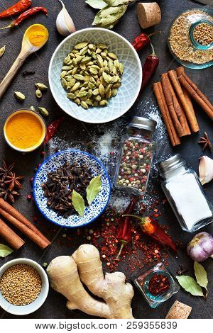 Mix Of Asian Spices: Chili, Ginger, Garlic, Cardamom, Cinnamon. A Set Of Spices For Cooking.