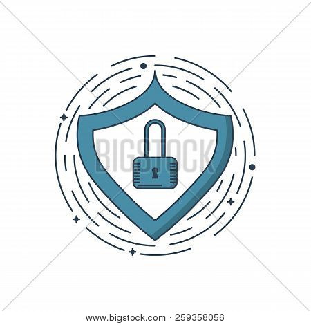 Vector Business Illustration Of Blue Colors Protection Shield And Lock Icon In Linear Style. Graphic